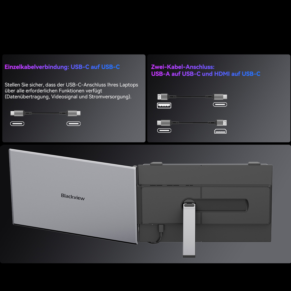 Anschlussmöglichkeiten für Laptops: USB-C zu USB-C, USB-A zu USB-C, HDMI zu USB-C.