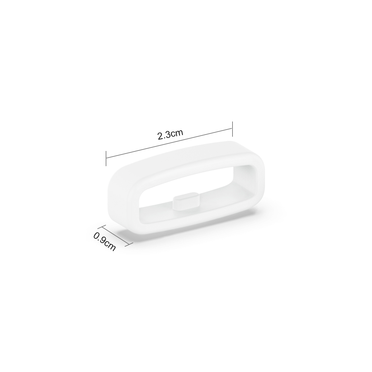 Ein weißer Riemenhalter mit Maßen 2,3 cm x 0,9 cm auf weißem Hintergrund.