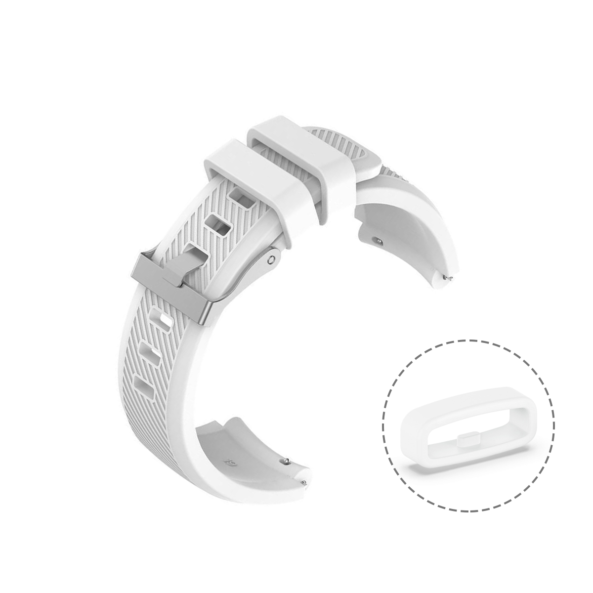 Ein weißes Armband mit silberner Schnalle und einem Ring in einer gestrichelten Kreisanzeige.