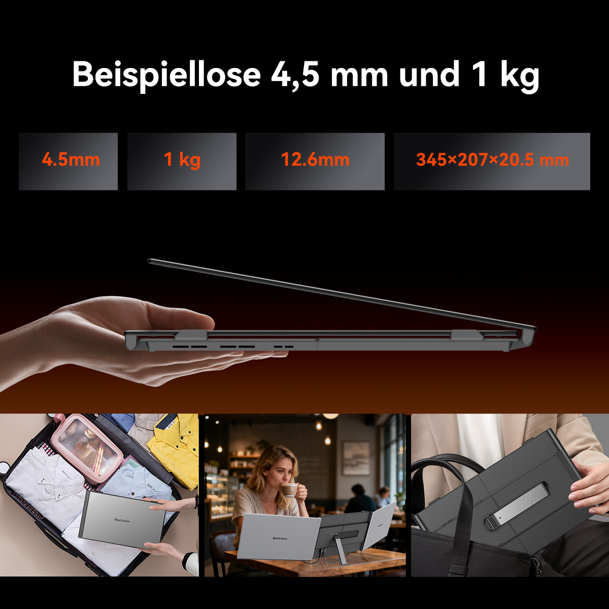 Ein Laptop wird von einer Hand gehalten, der dünn und leicht ist.