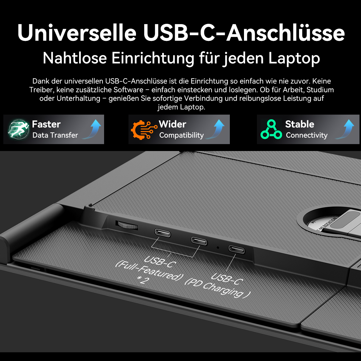 Nahaufnahme von USB-C-Anschlüssen auf einem Laptop mit Text über universelle Konnektivität.