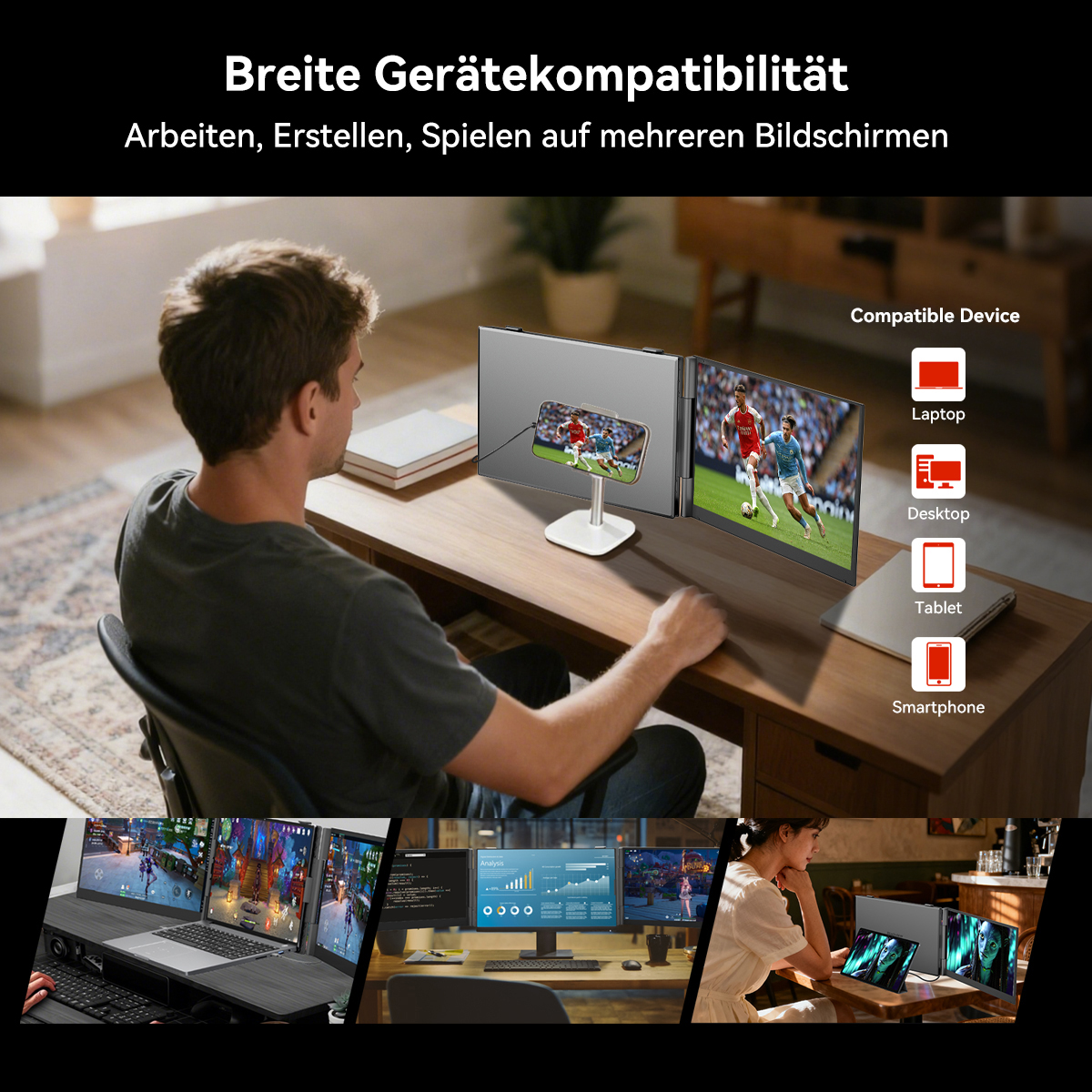 Mann am Schreibtisch mit zwei Bildschirmen, die ein Fußballspiel zeigen.