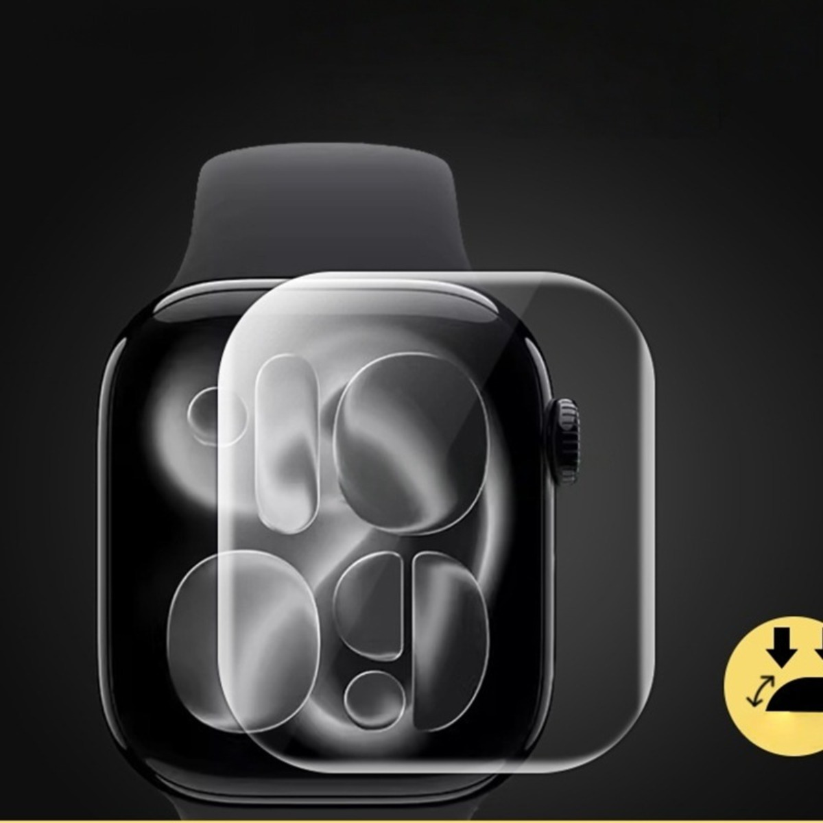 Una protezione schermo trasparente copre un moderno display di smartwatch su sfondo scuro.