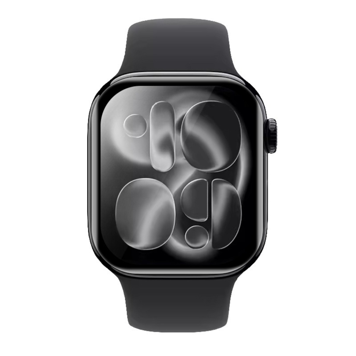 Uno smartwatch nero con quadrante astratto grigio. L'orologio è su sfondo bianco.