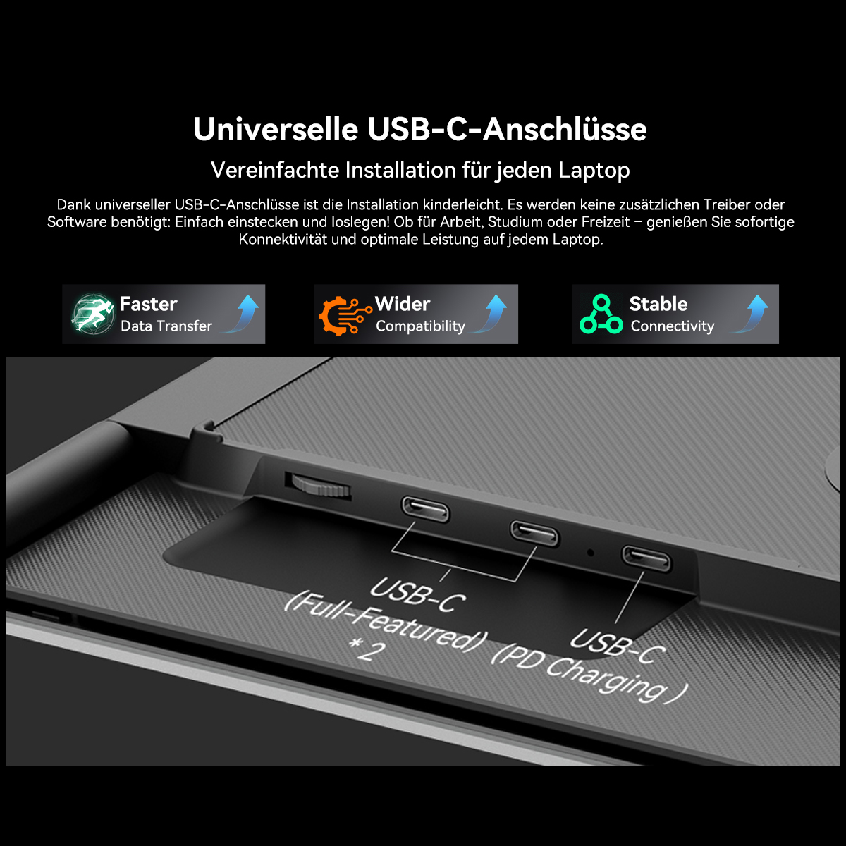 Rückseite eines Laptops mit drei USB-C-Anschlüssen, zwei davon beschriftet.