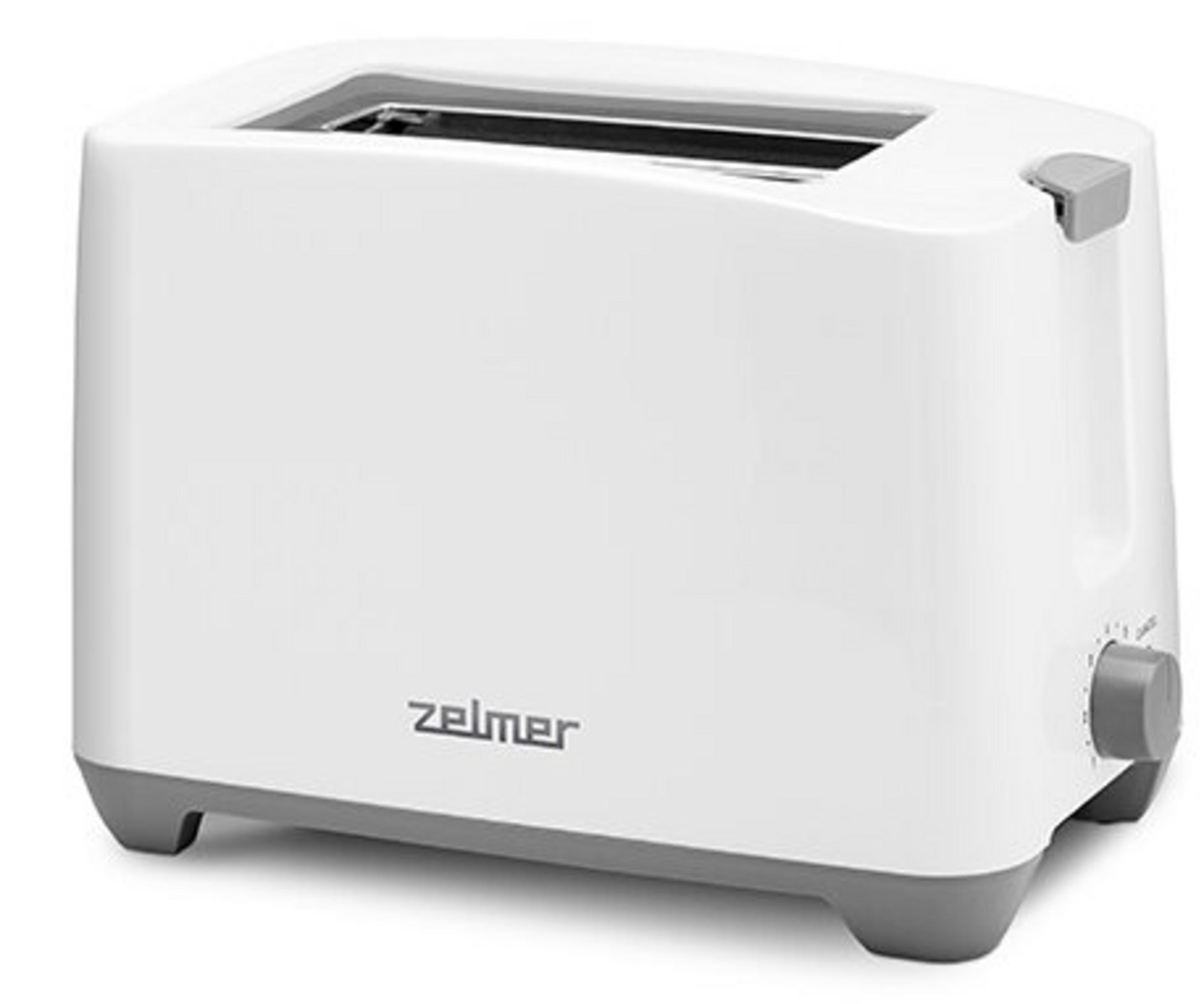 Ein weißer Toaster mit grauen Akzenten und dem Zelmer-Logo.