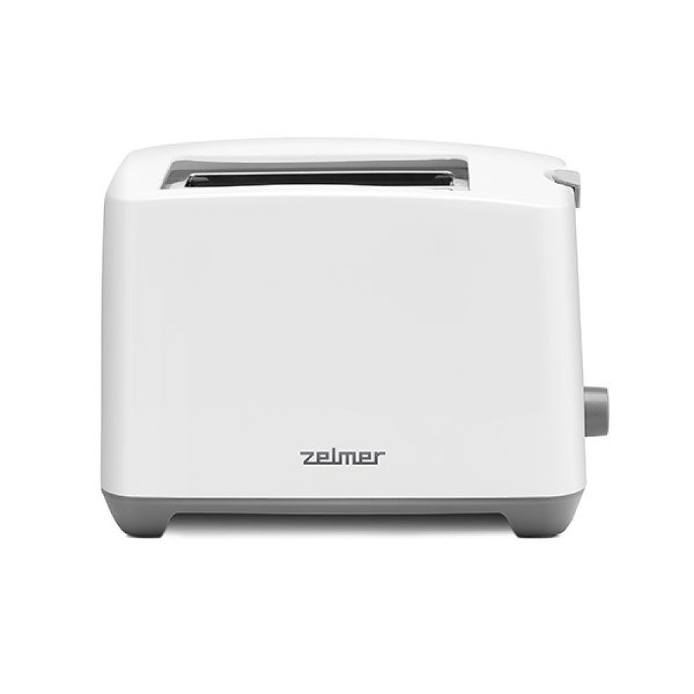 Ein weißer Zelmer Toaster mit grauen Akzenten auf weißem Hintergrund.