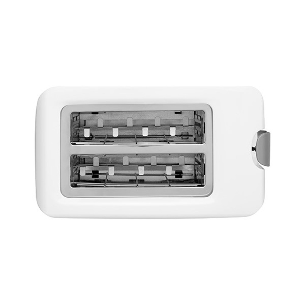 Ein weißer Toaster mit zwei Schlitzen, von oben gesehen.