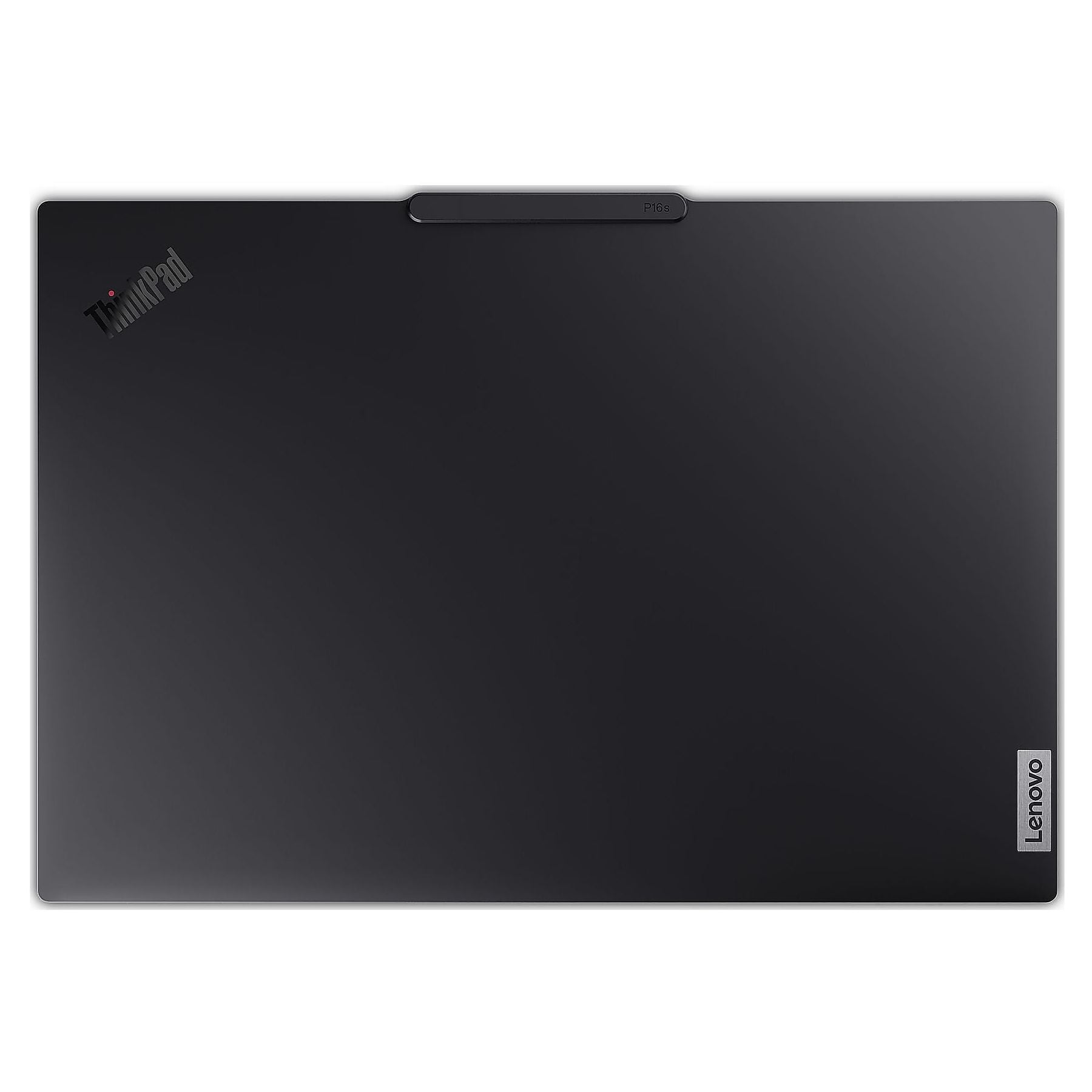 Laptop nero con logo ThinkPad a sinistra e logo Lenovo a destra.