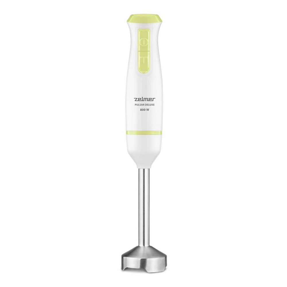 Biały i zielony blender ręczny Zelmer z wałem i ostrzem ze stali nierdzewnej.