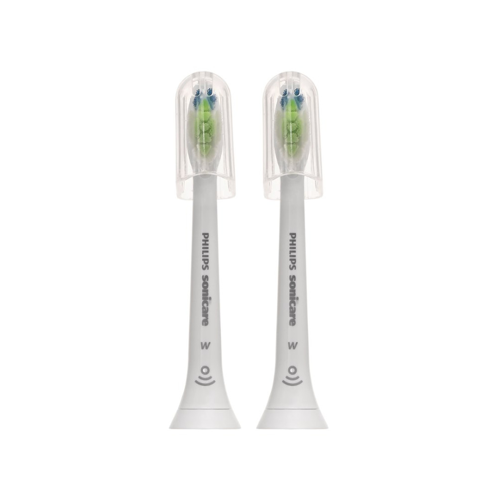 Dwie białe główki szczoteczki Philips Sonicare z przezroczystymi nakładkami.