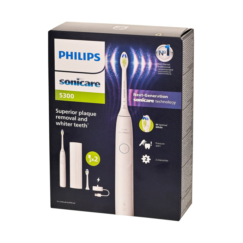 Pudełko elektrycznej szczoteczki do zębów Philips Sonicare 5300 z akcesoriami.