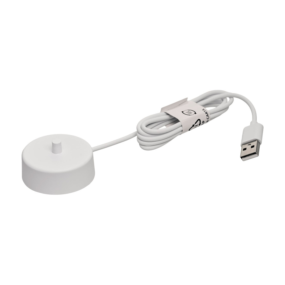 Biała podstawa ładująca z kablem USB i okrągłą bazą do szczoteczki.