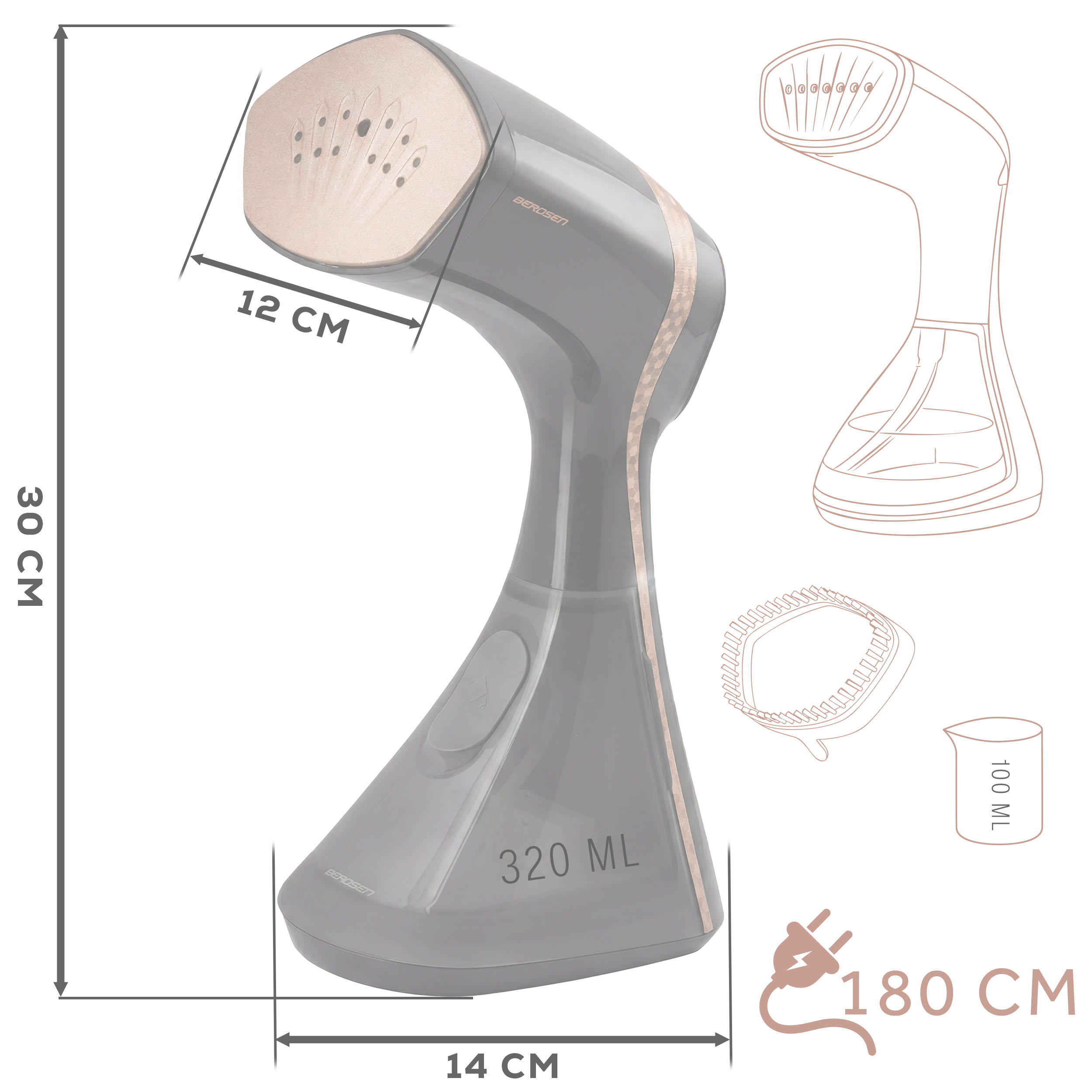 Parownica: 30x14cm, zbiornik 320ml, szerokość 12cm, kabel 180cm.