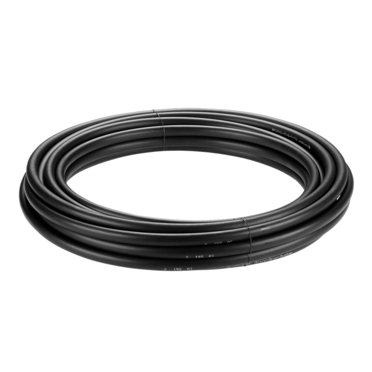 Tubo nero arrotolato su sfondo bianco.