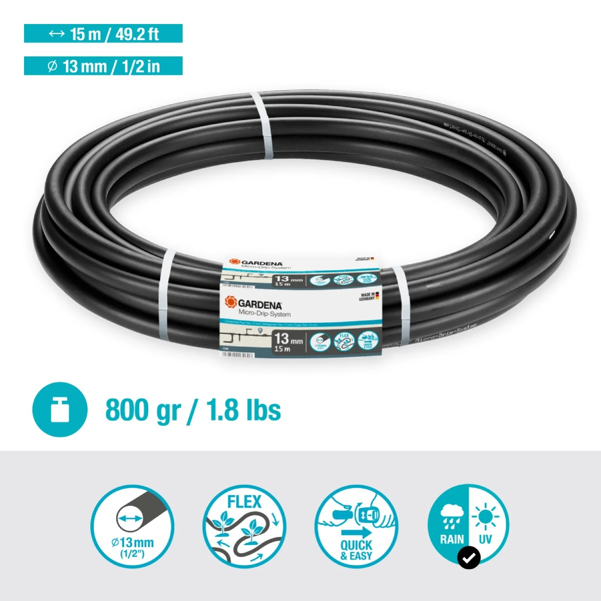 Tubo nero, lungo 15m, diametro 13mm, con logo GARDENA e dettagli.