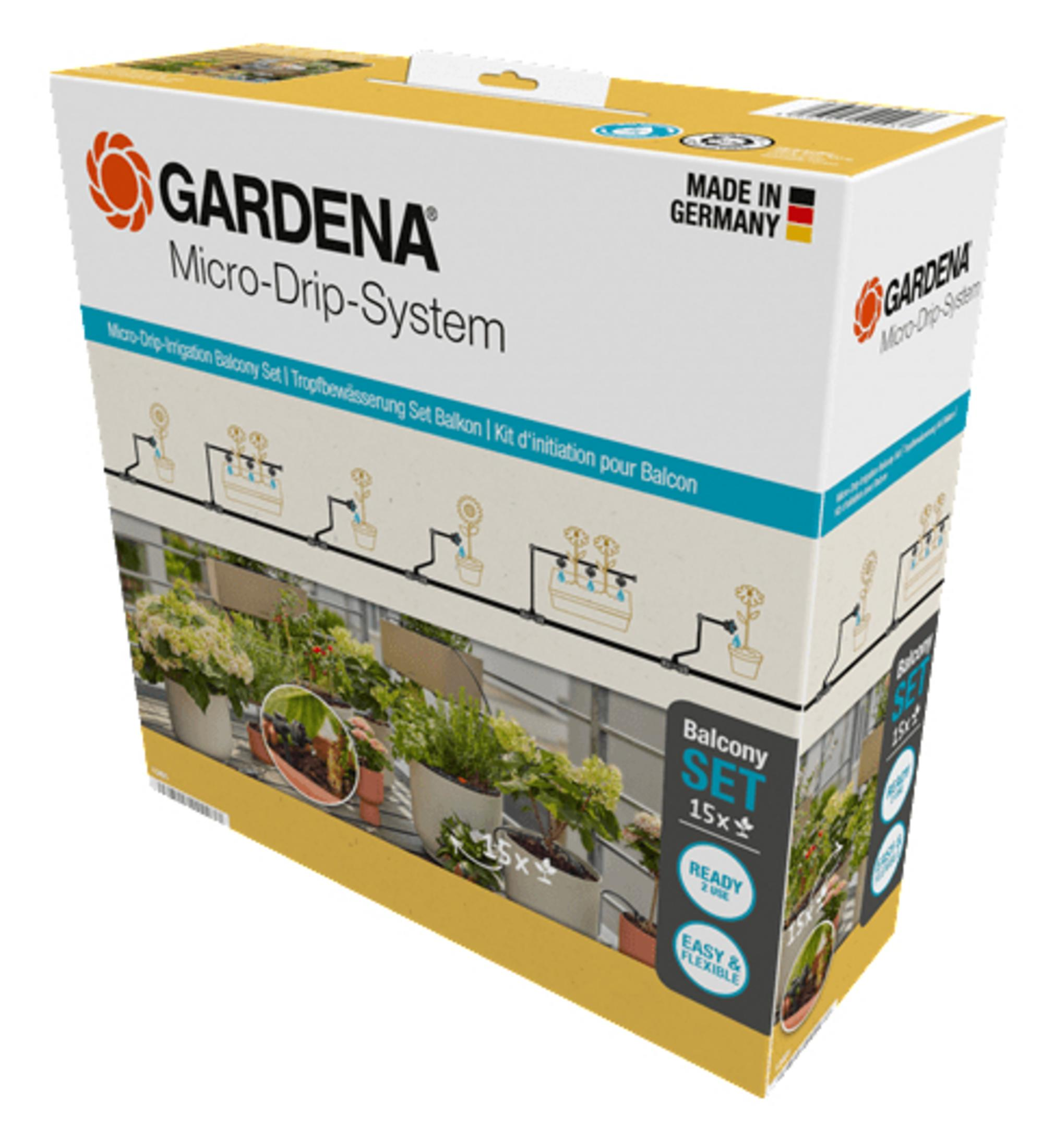Sistema Gardena Micro-Drip Set Balcone, 15 pezzi, per irrigazione facile e flessibile.