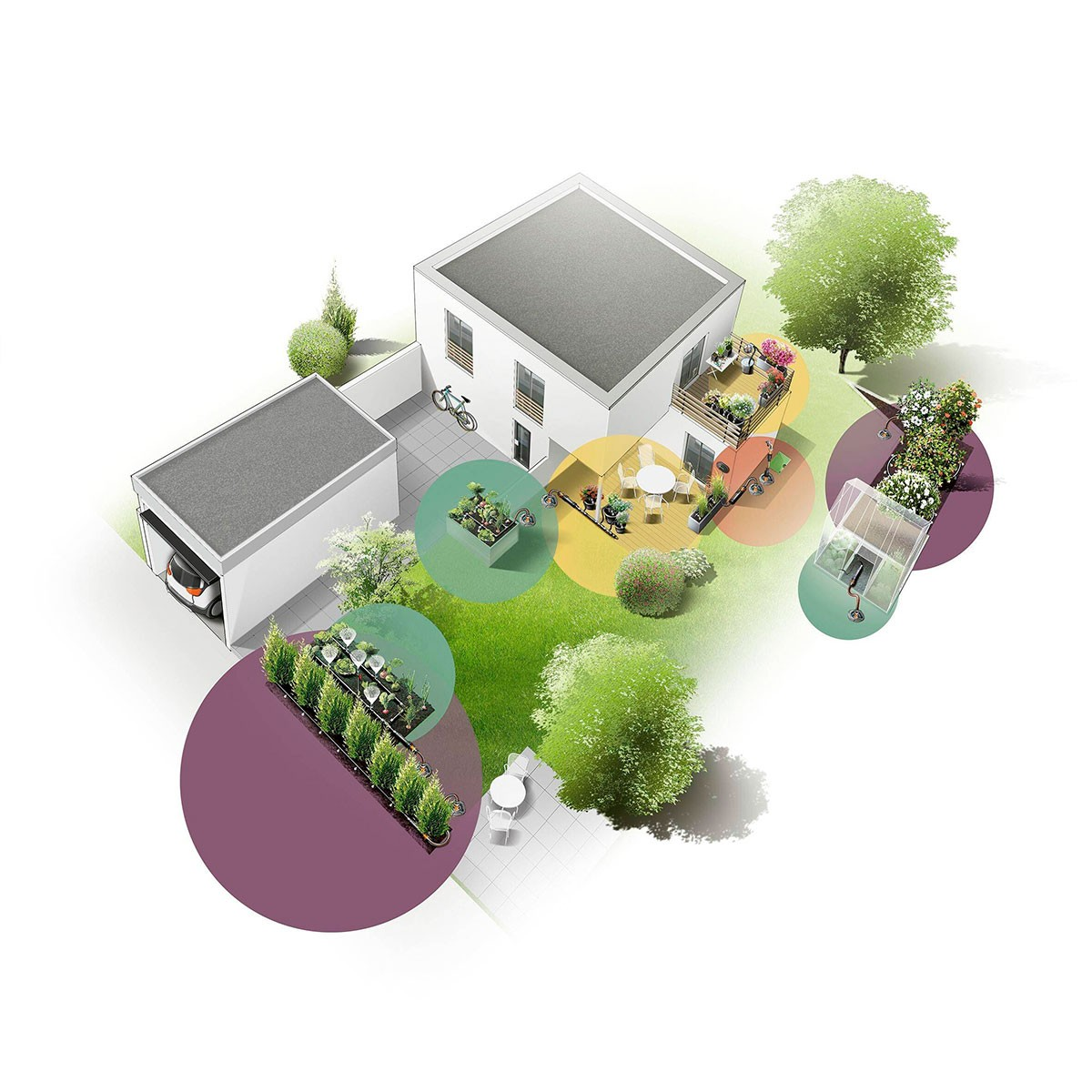 Una casa moderna con garage, patio, giardino e serra, evidenziata da cerchi colorati.