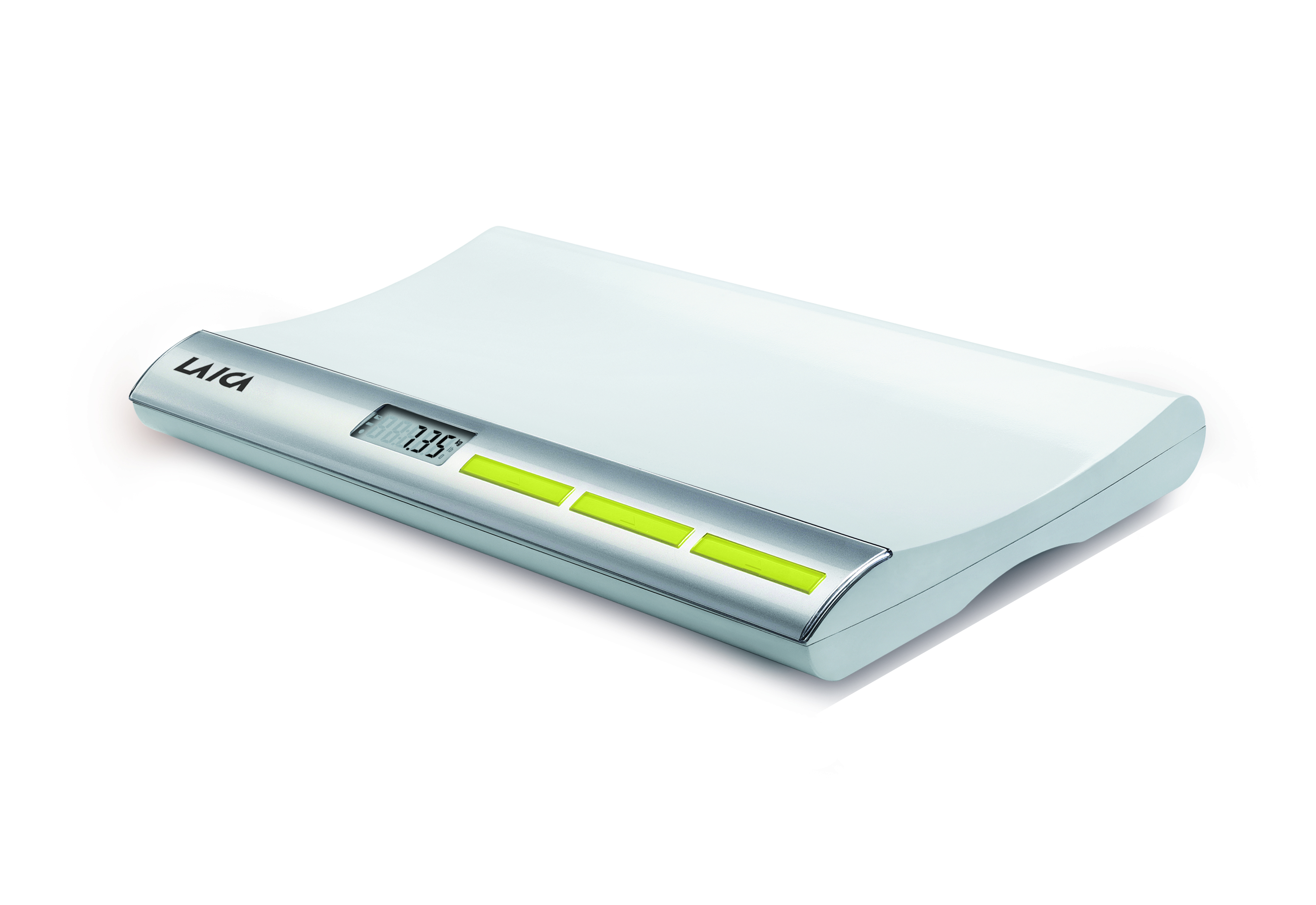 Una báscula para bebés blanca con pantalla digital y botones amarillos.