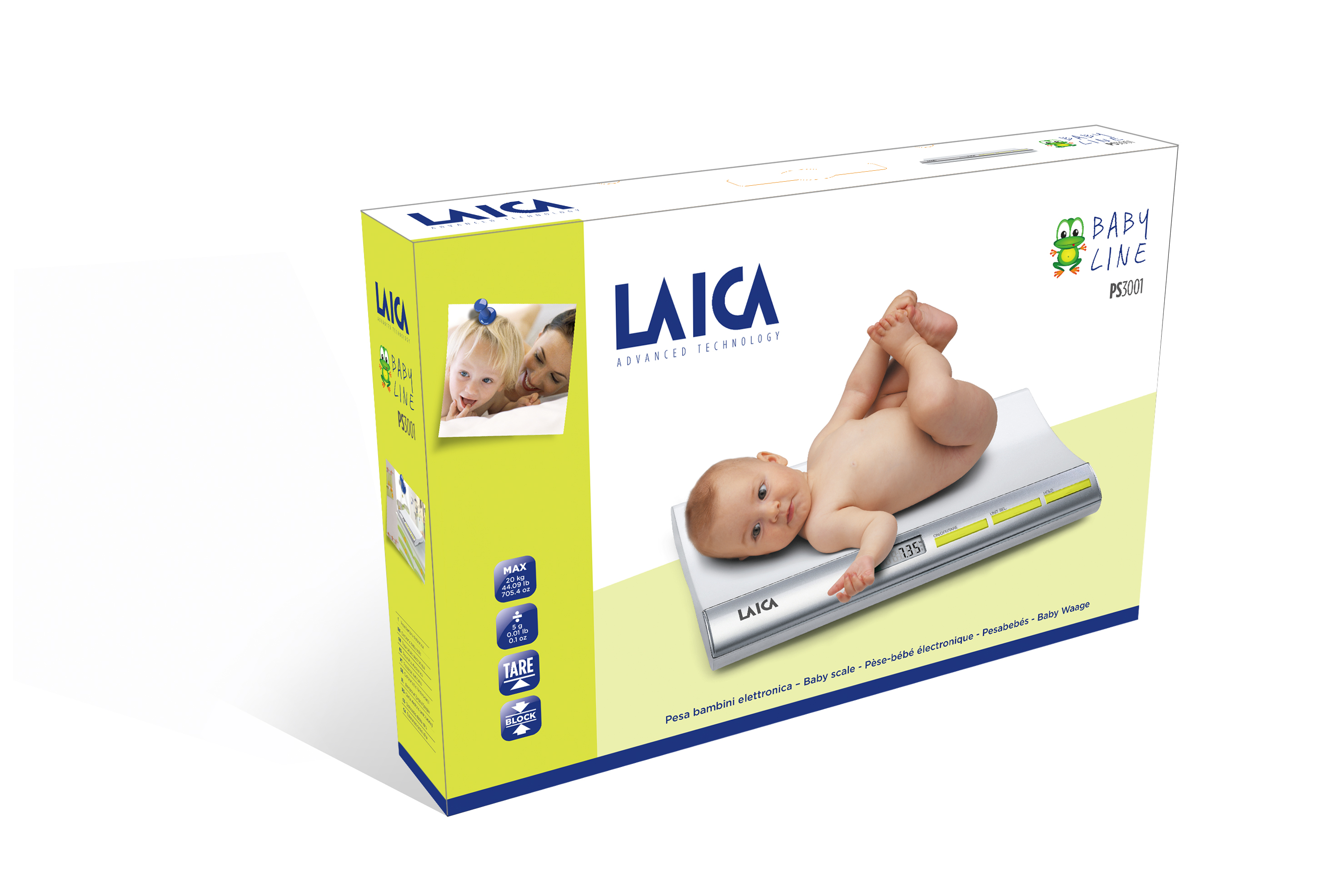 Un bebé yace en una báscula digital para bebés que muestra 7,35.