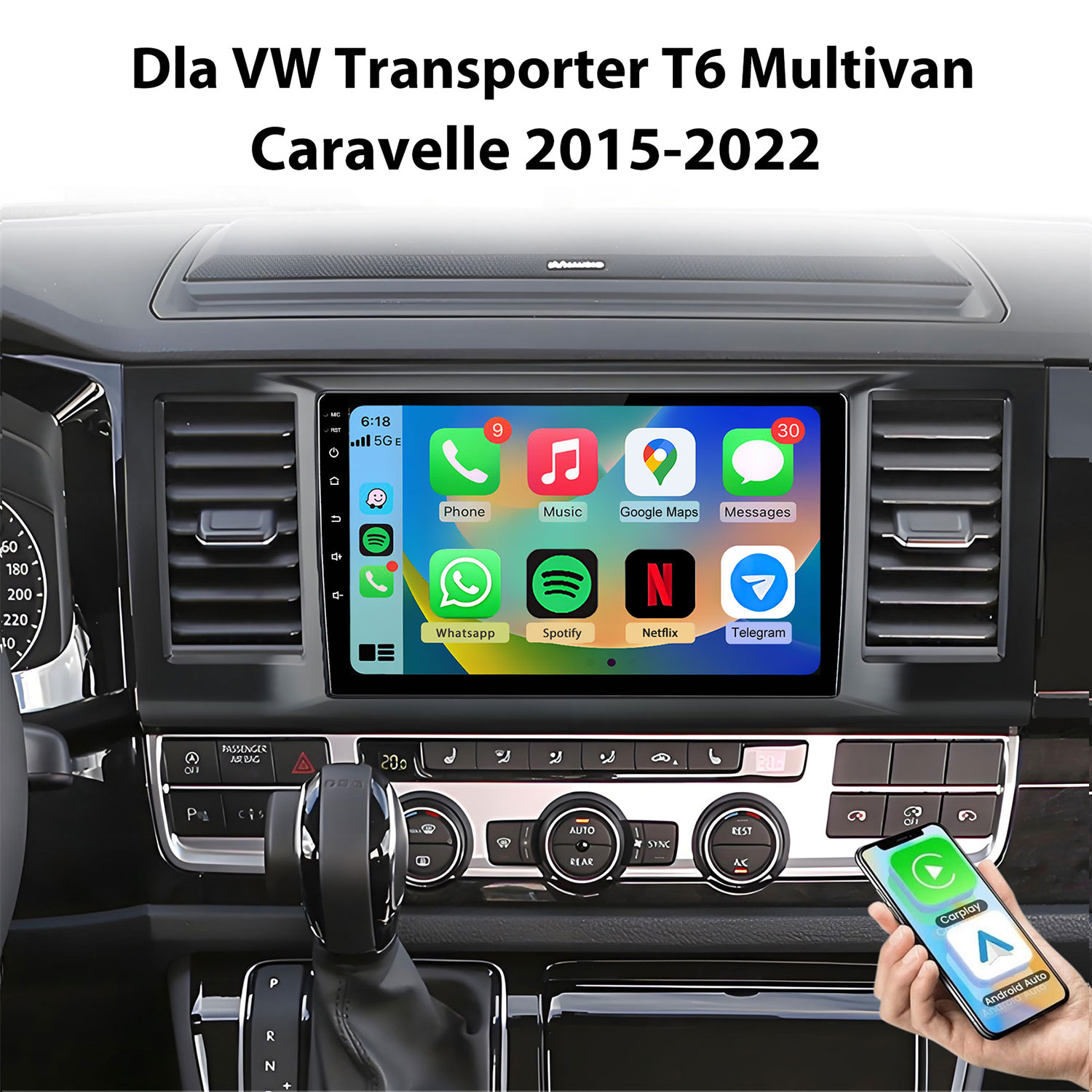 Deska rozdzielcza VW Transporter T6 z ekranem dotykowym pokazującym aplikacje Telefon, Muzyka, Mapy.