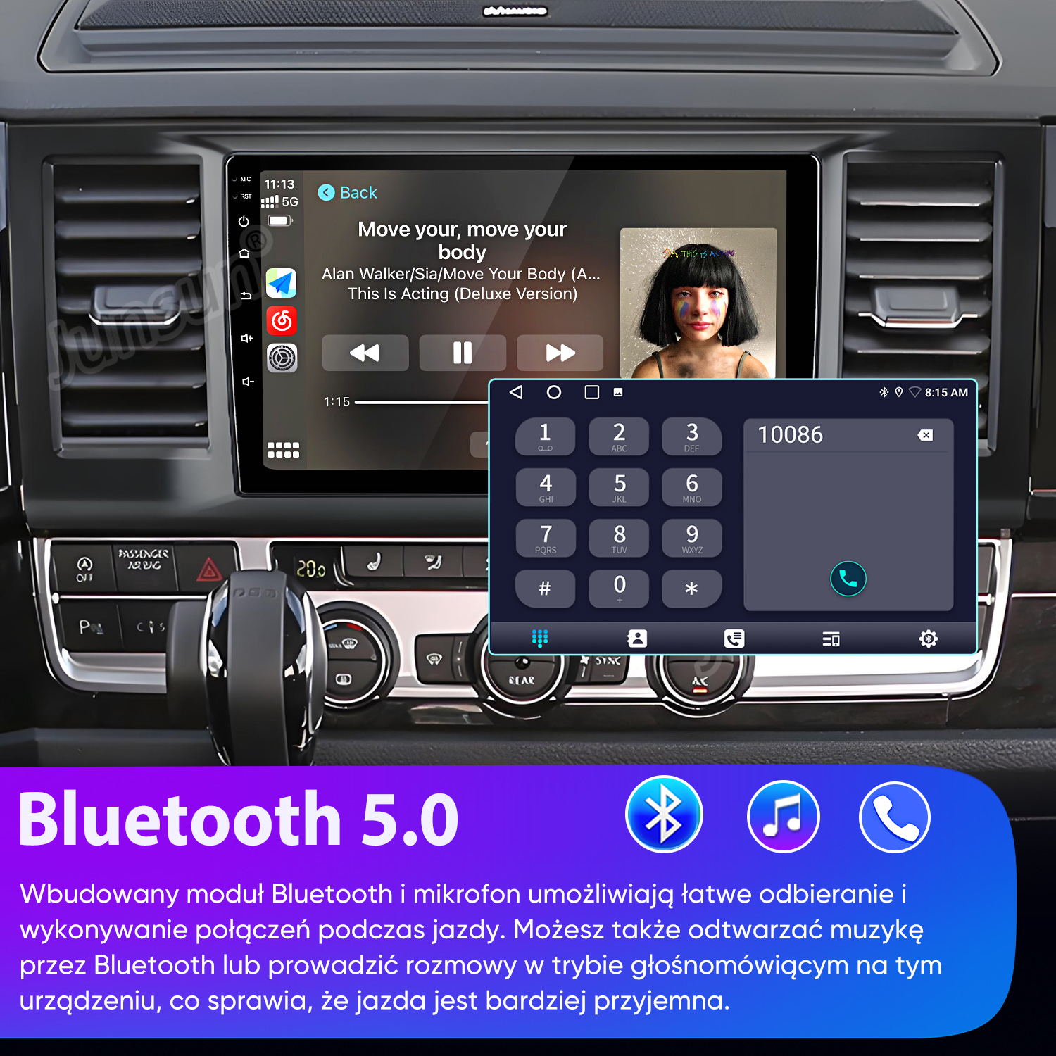 Radio samochodowe z ekranem dotykowym, wyświetla muzykę i klawiaturę numeryczną. Logo Bluetooth 5.0 na dole.