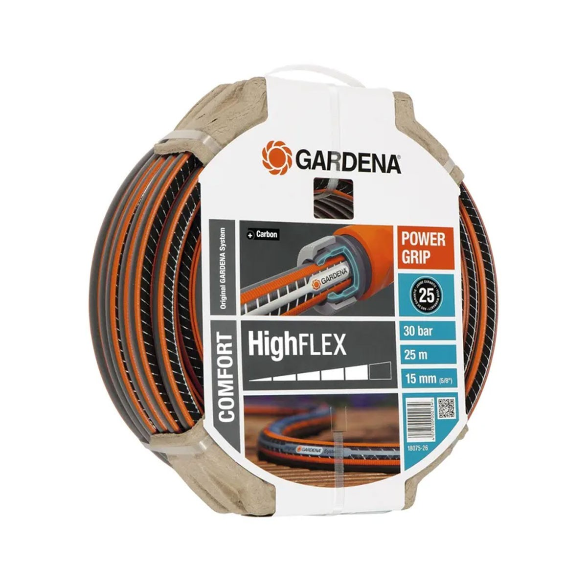 Tubo da giardino Gardena HighFLEX Comfort, 25m, 30 bar, 15mm, con Power Grip.