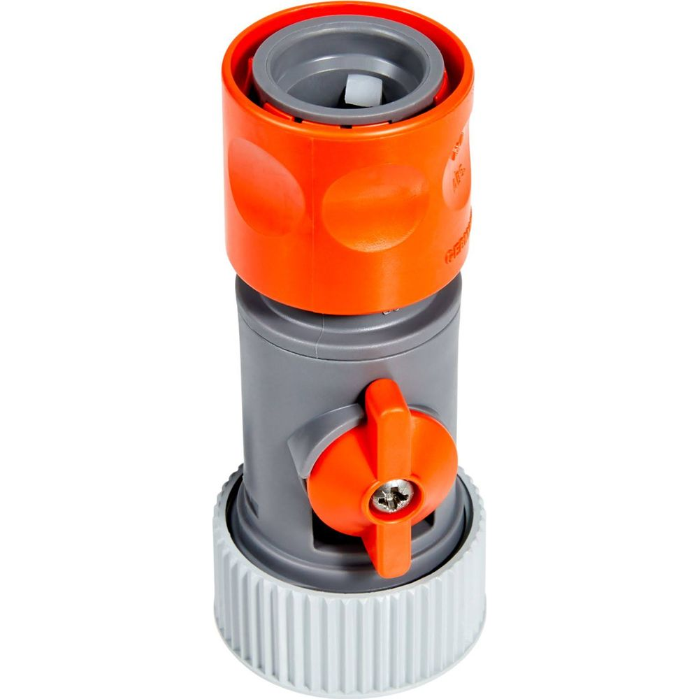 Connettore per tubo da giardino grigio e arancione con valvola girevole e ghiera zigrinata.