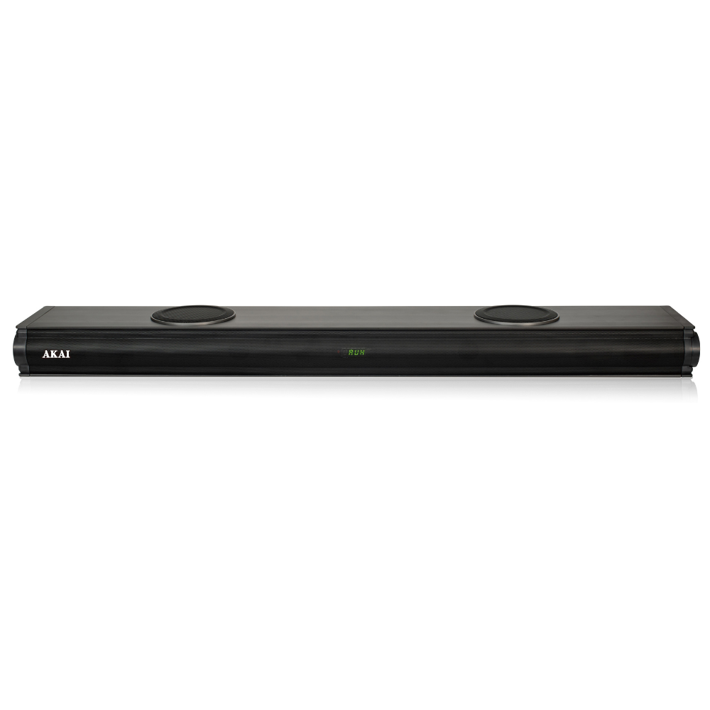Czarny soundbar AKAI z dwoma okrągłymi głośnikami i zielonym wyświetlaczem "RUN".