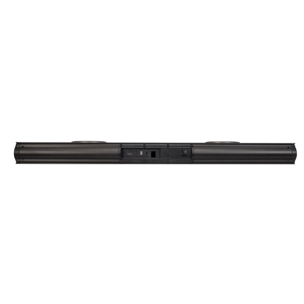Czarny soundbar z portami: USB, HDMI, zasilanie, przełącznik.