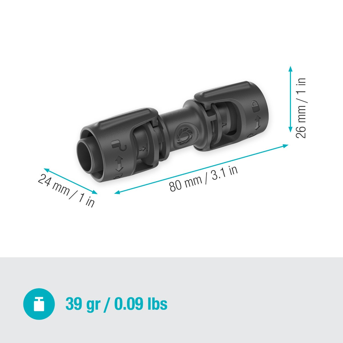 Connettore in plastica nero, lungo 80mm, largo 24mm e 26mm. Pesa 39g.