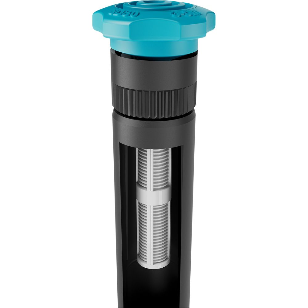 Ein schwarzer Wassersprinkler mit blauem Kopf und sichtbarem Filter im Inneren.
