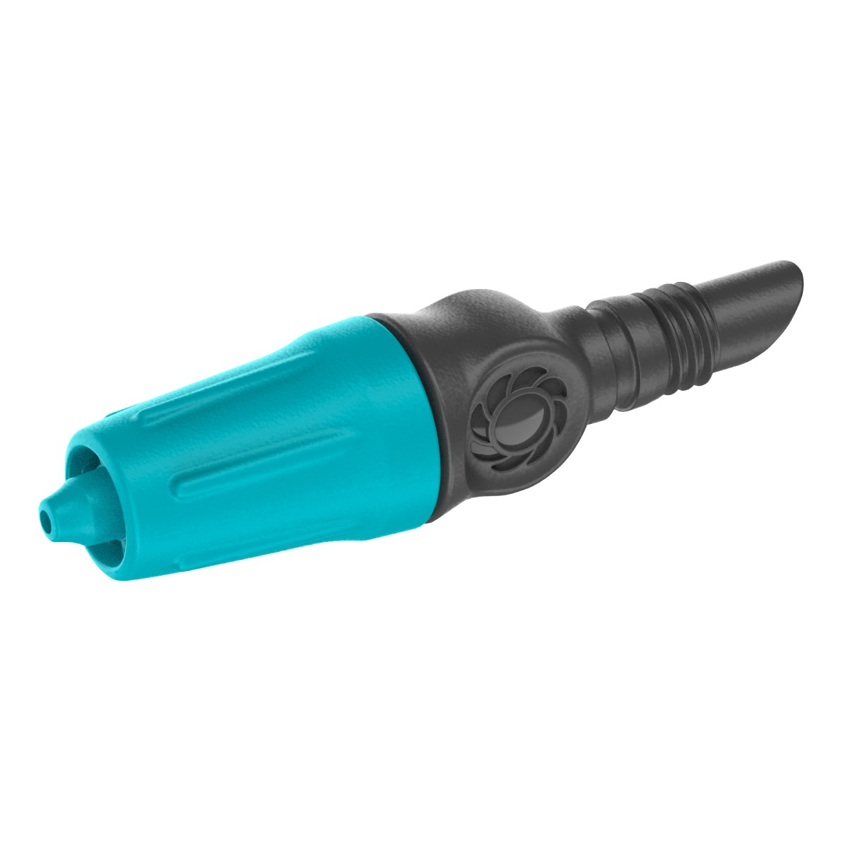 Un ugello spray blu e nero per tubo da giardino, isolato su bianco.