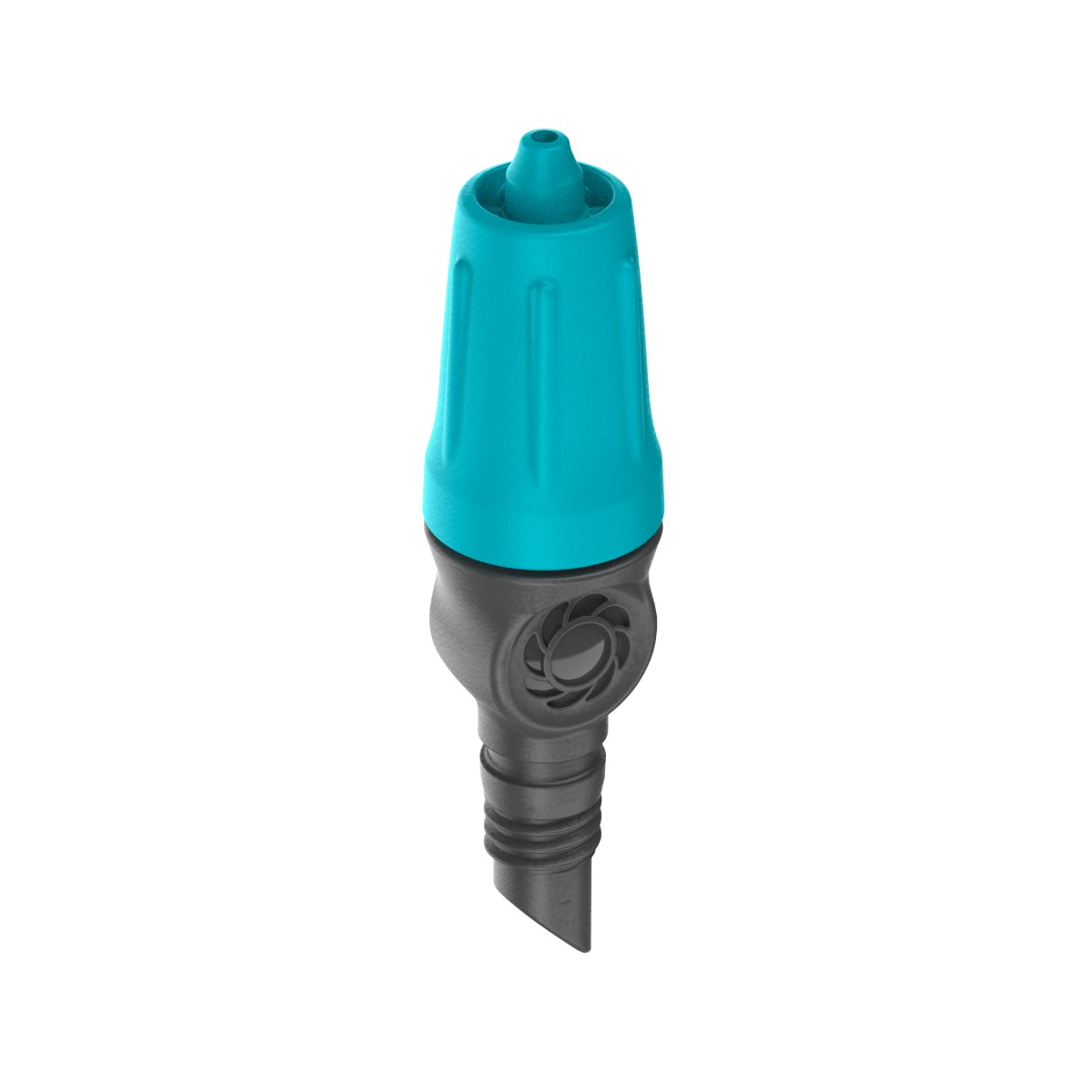 Una testa di irrigatore turchese e grigia con scanalature in alto e griglia di ventilazione.