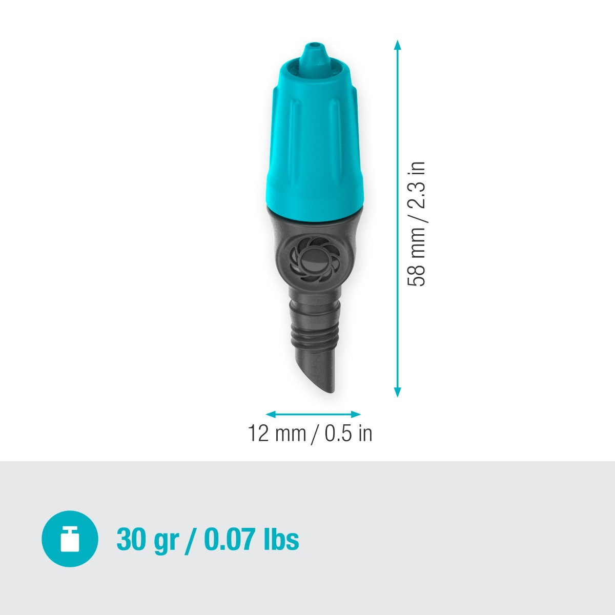 Viene mostrato un emettitore per irrigazione a goccia blu e nero. È lungo 58 mm e largo 12 mm. Pesa 30 g.