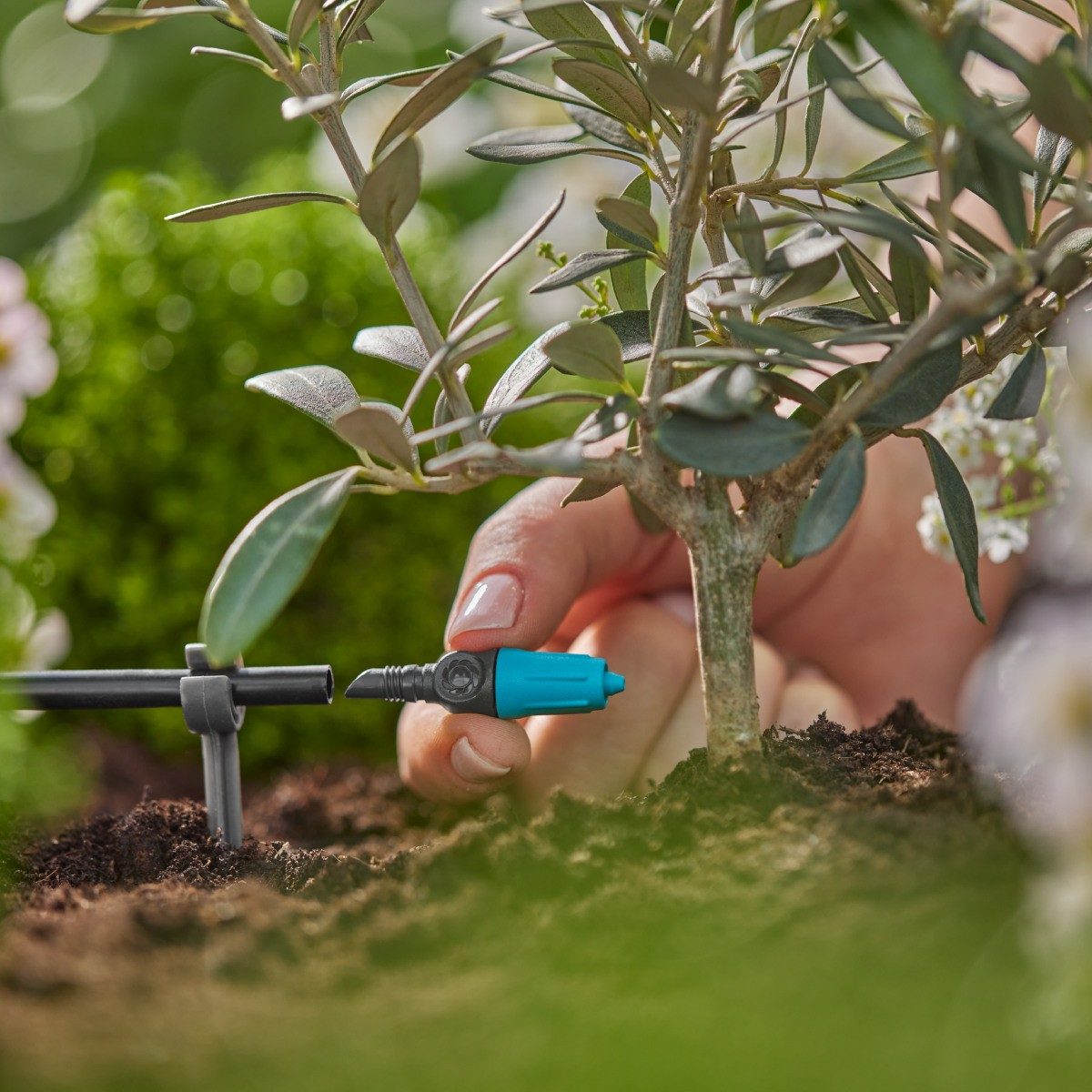 Una mano attacca un connettore per irrigazione blu a un tubo nero vicino a un piccolo albero.