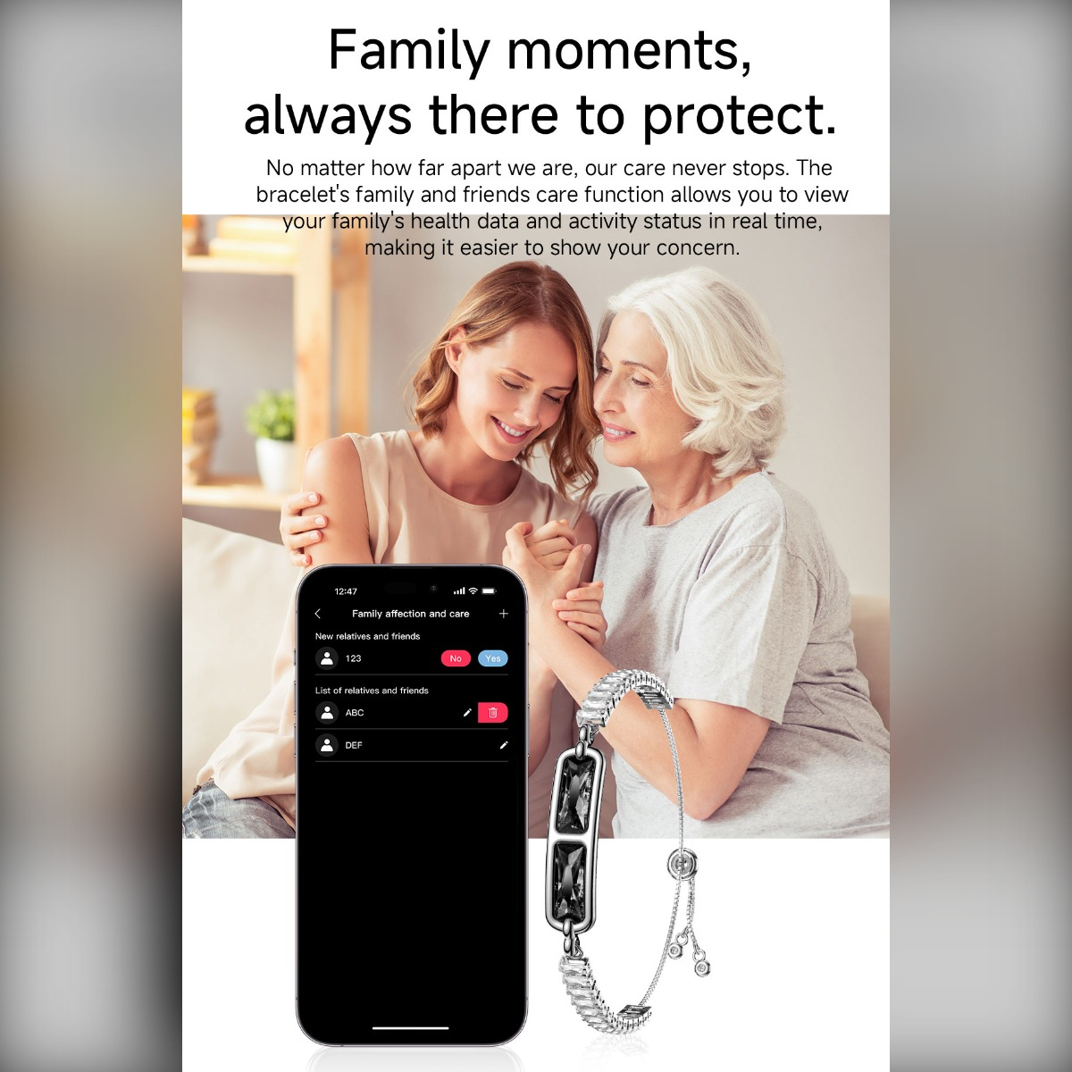 Zwei Frauen umarmen sich, ein Handy zeigt eine Familien-App, ein Armband mit Edelsteinen.