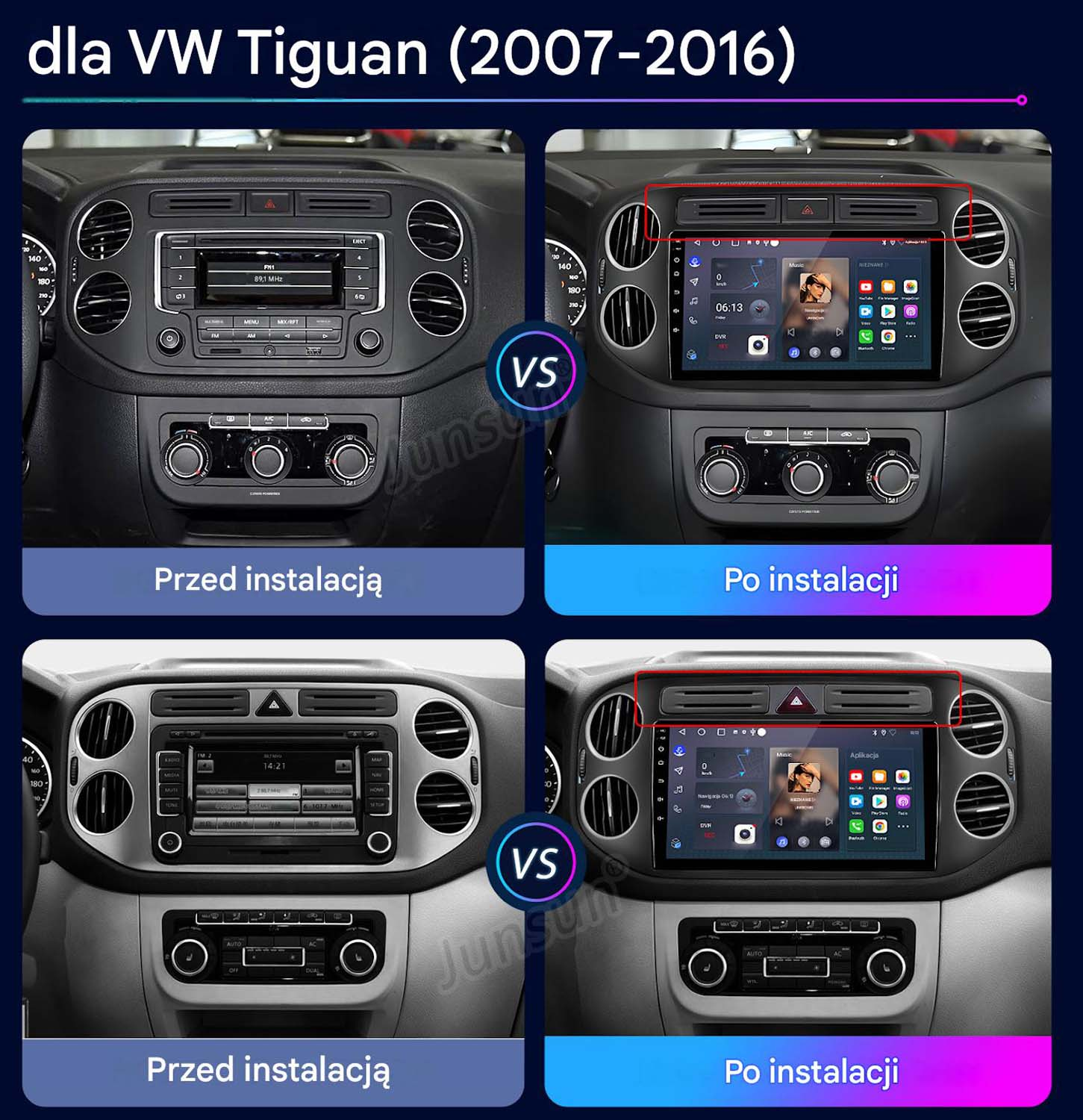 Deska rozdzielcza VW Tiguan (2007-2016) przed i po instalacji radia porównanie.