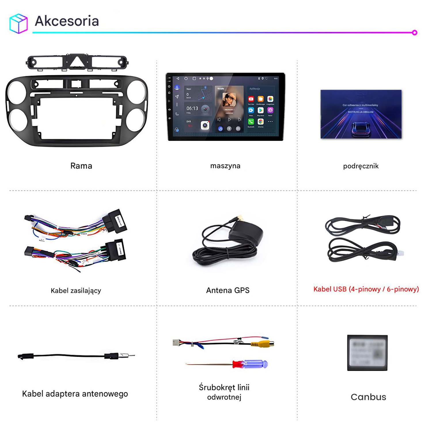 Akcesoria samochodowe: ramka, system multimedialny, instrukcja, kable, antena, kabel USB, adapter, Canbus.