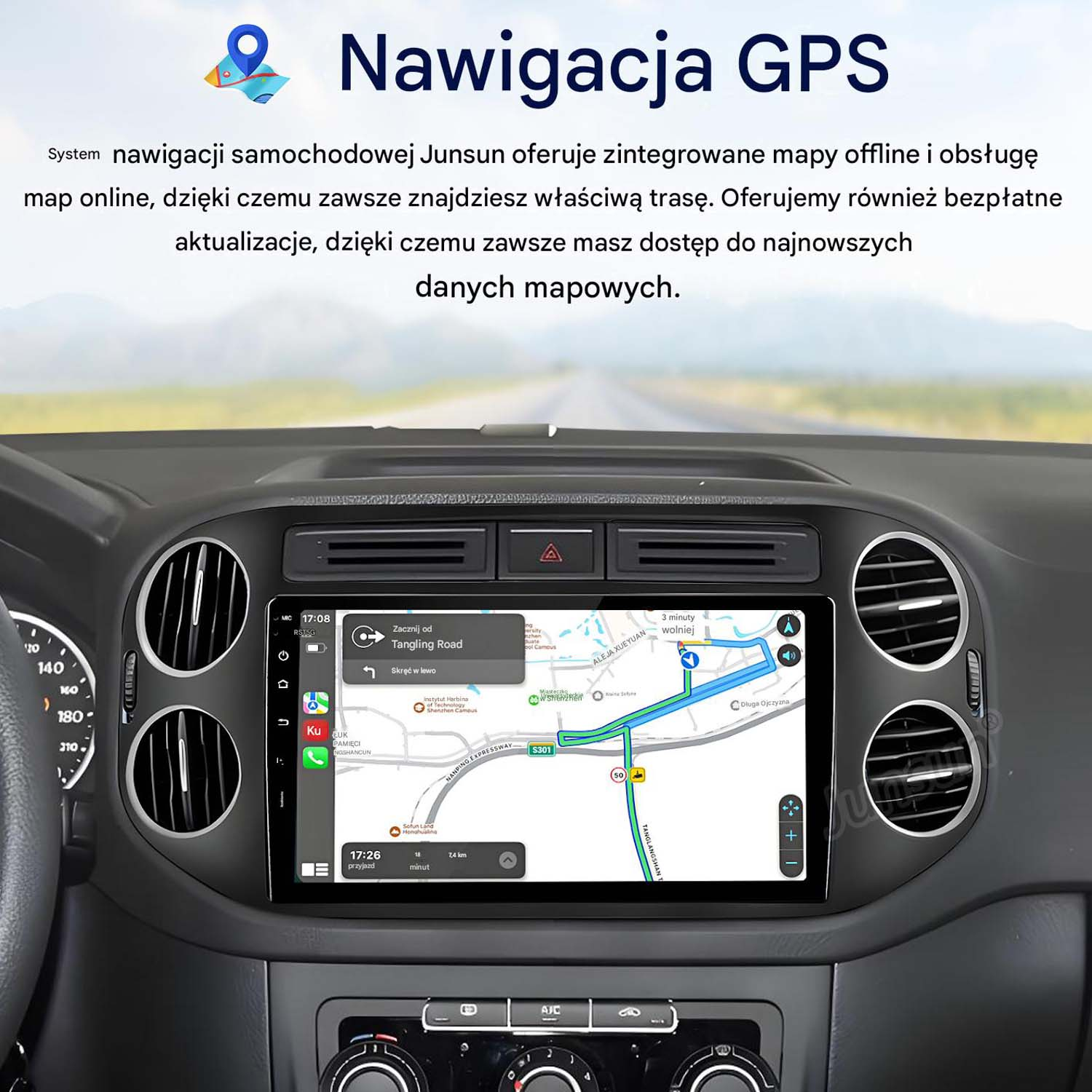 Samochodowy system nawigacji wyświetla mapę z trasą na ekranie dotykowym.