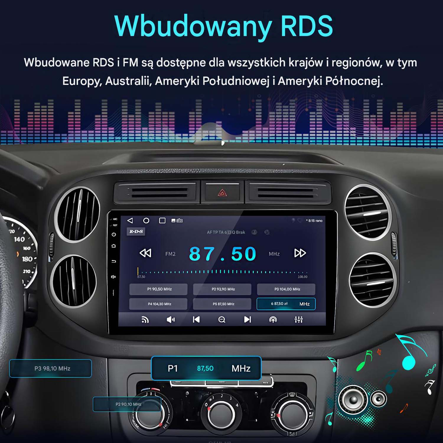 Wyświetlacz radia samochodowego pokazuje FM2 87,50 MHz z ustawieniami stacji.