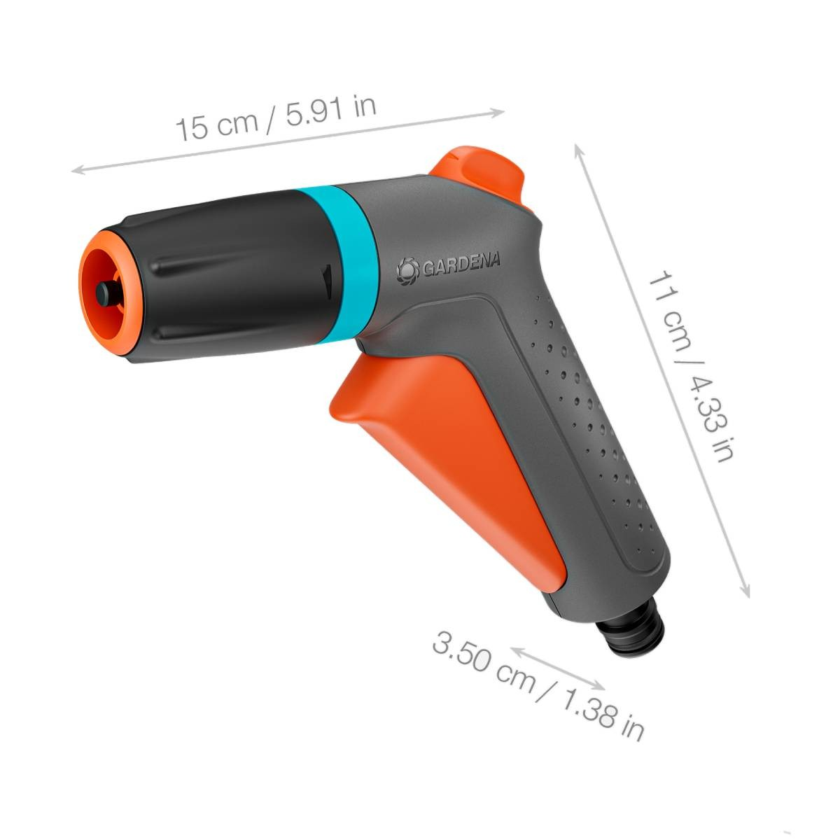 Un ugello spray Gardena grigio e arancione con dimensioni in cm e pollici.