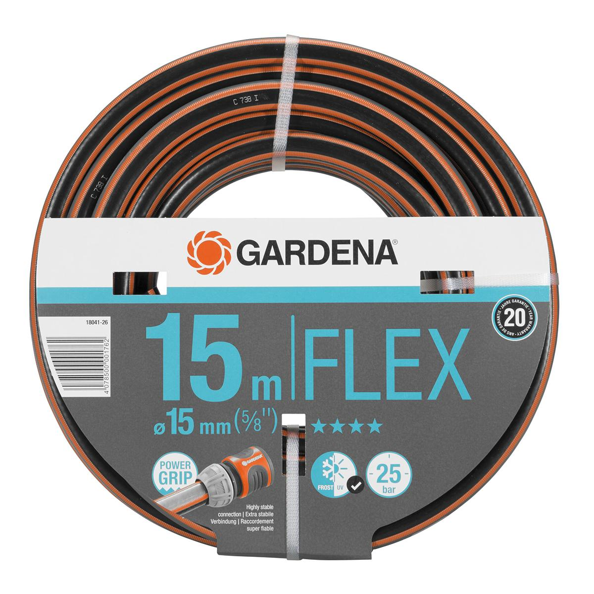 Tubo Gardena 15m, diametro 15mm, nero e arancione, con power grip.