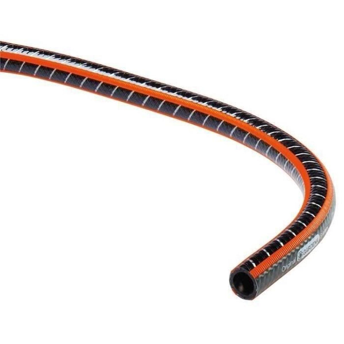Tubo da giardino nero con striscia arancione e segni bianchi. Logo Original GARDENA visibile.