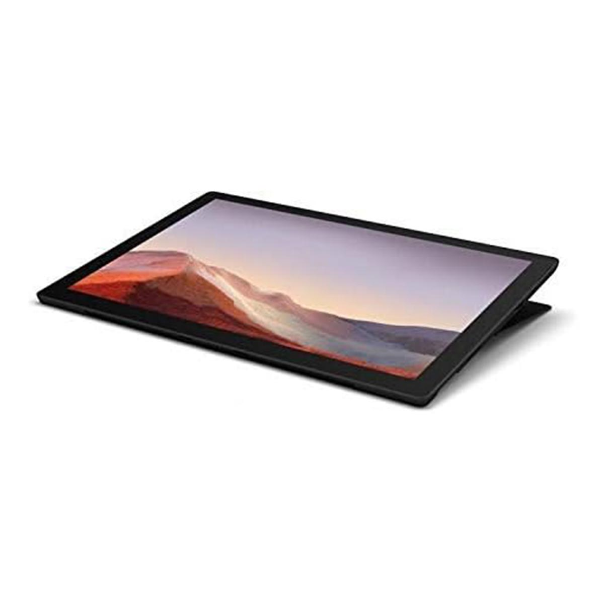 Ein schwarzer Tablet-Computer zeigt eine Wüstenlandschaft mit lila Himmel.