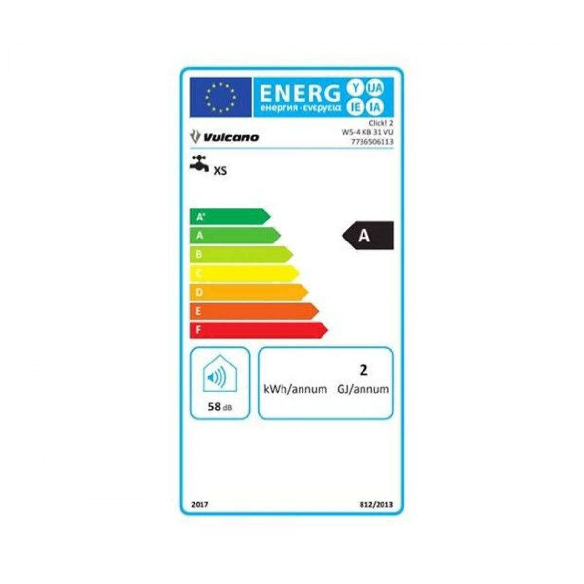 Etichetta energetica: Vulcano XS, efficienza A, 58 dB rumore, 2 kWh/anno.