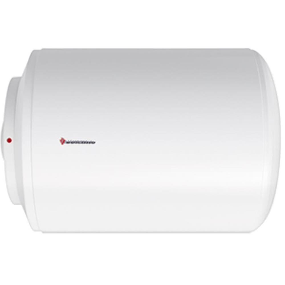 Scaldabagno bianco con punto rosso e logo.