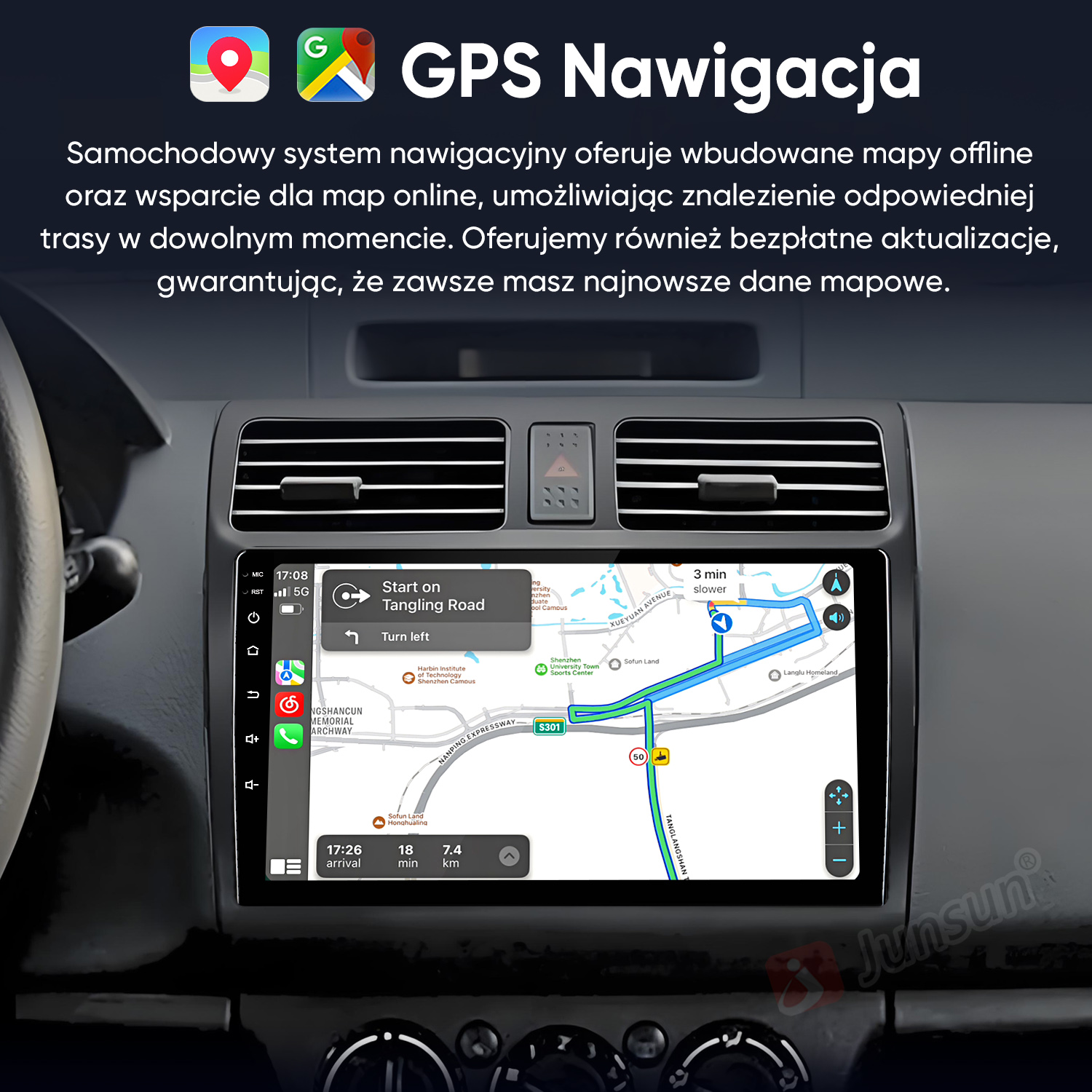System nawigacji samochodowej z mapami offline/online, wyszukiwaniem tras i aktualizacjami.