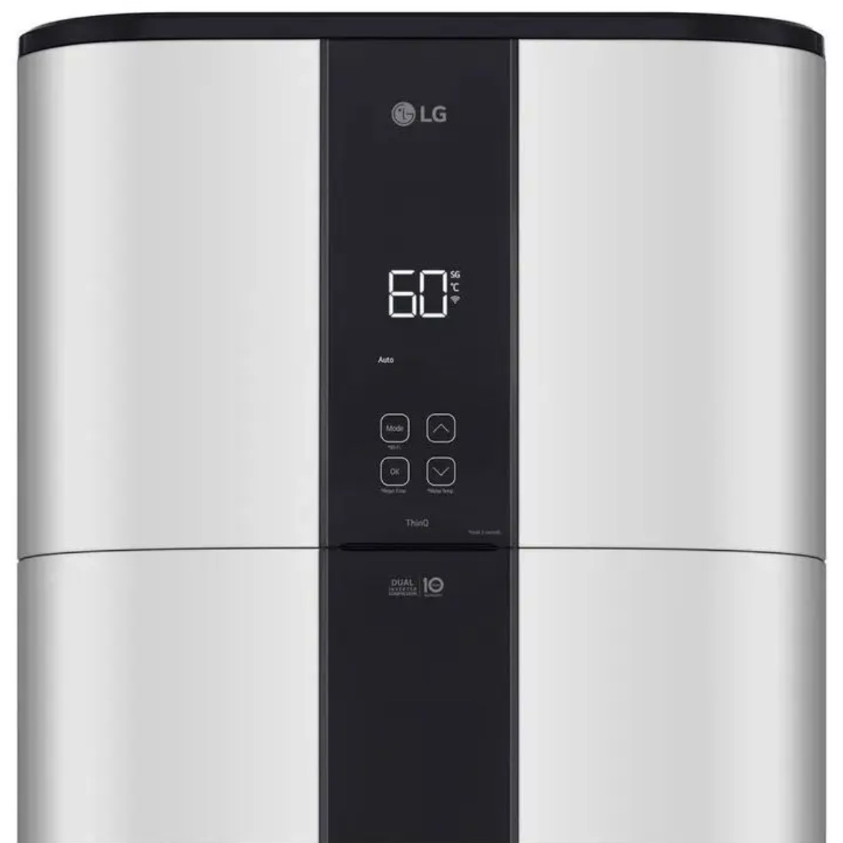 Un purificatore d'aria LG con display digitale che mostra 60 gradi.