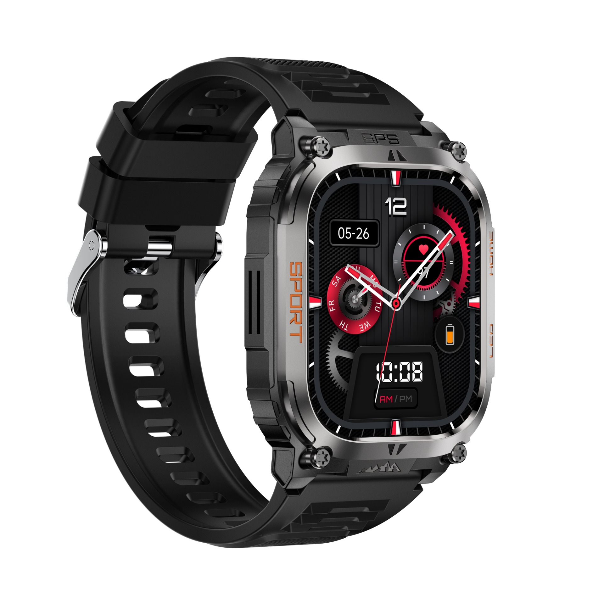 Schwarze Smartwatch mit silbernem Gehäuse und vielen Funktionen.